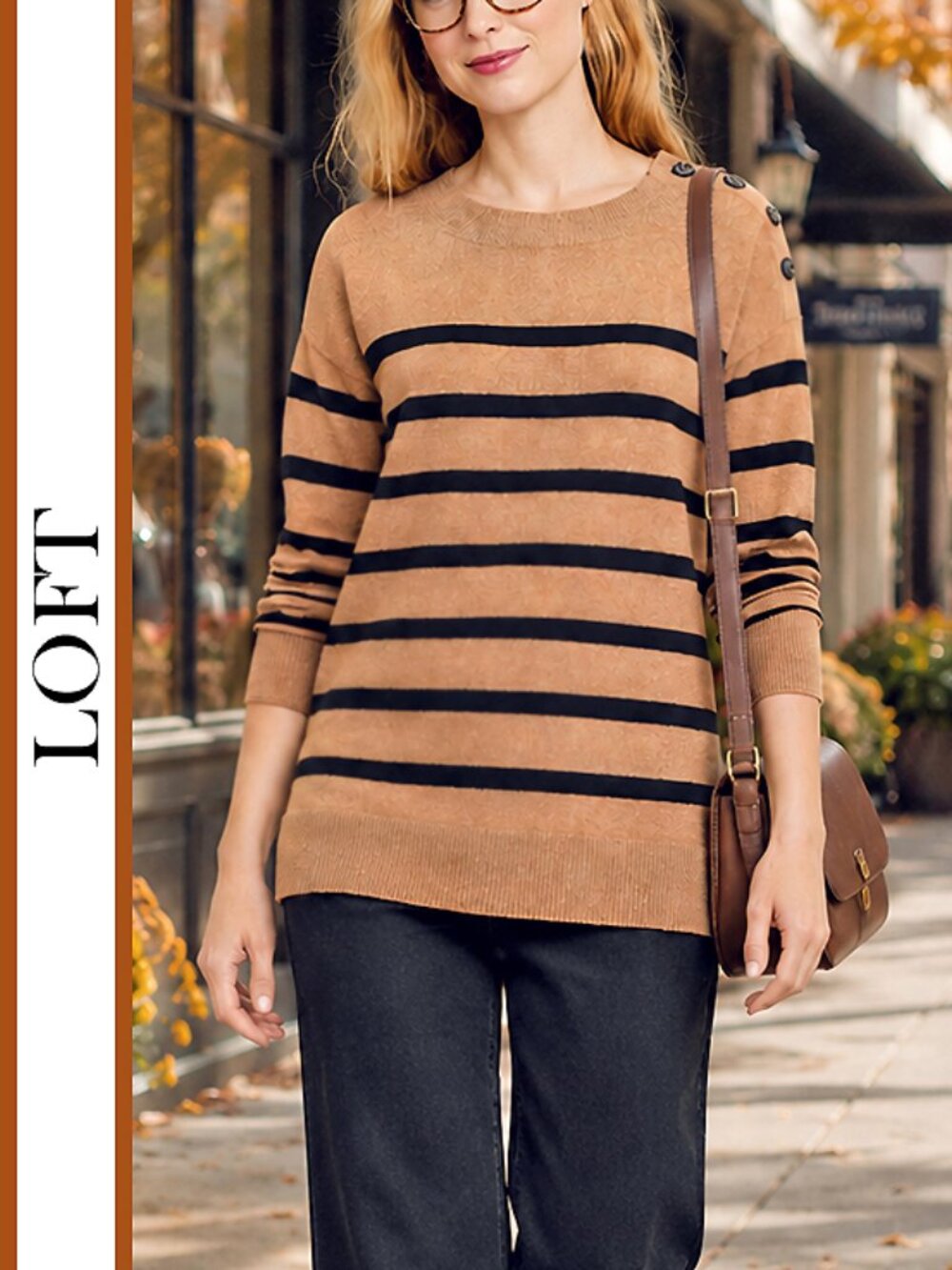 LOFT | Striped Shoulder Button Knit Sweater